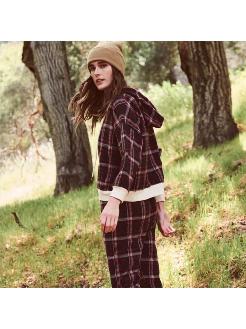 The Great. Teammate Hoodie Cedar House Plaid SZ M 2 Brown Red